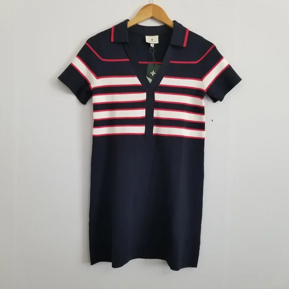 Tuckernuck Navy and Brown Striped V-Neck Mini Dress - Picture 2 of 9